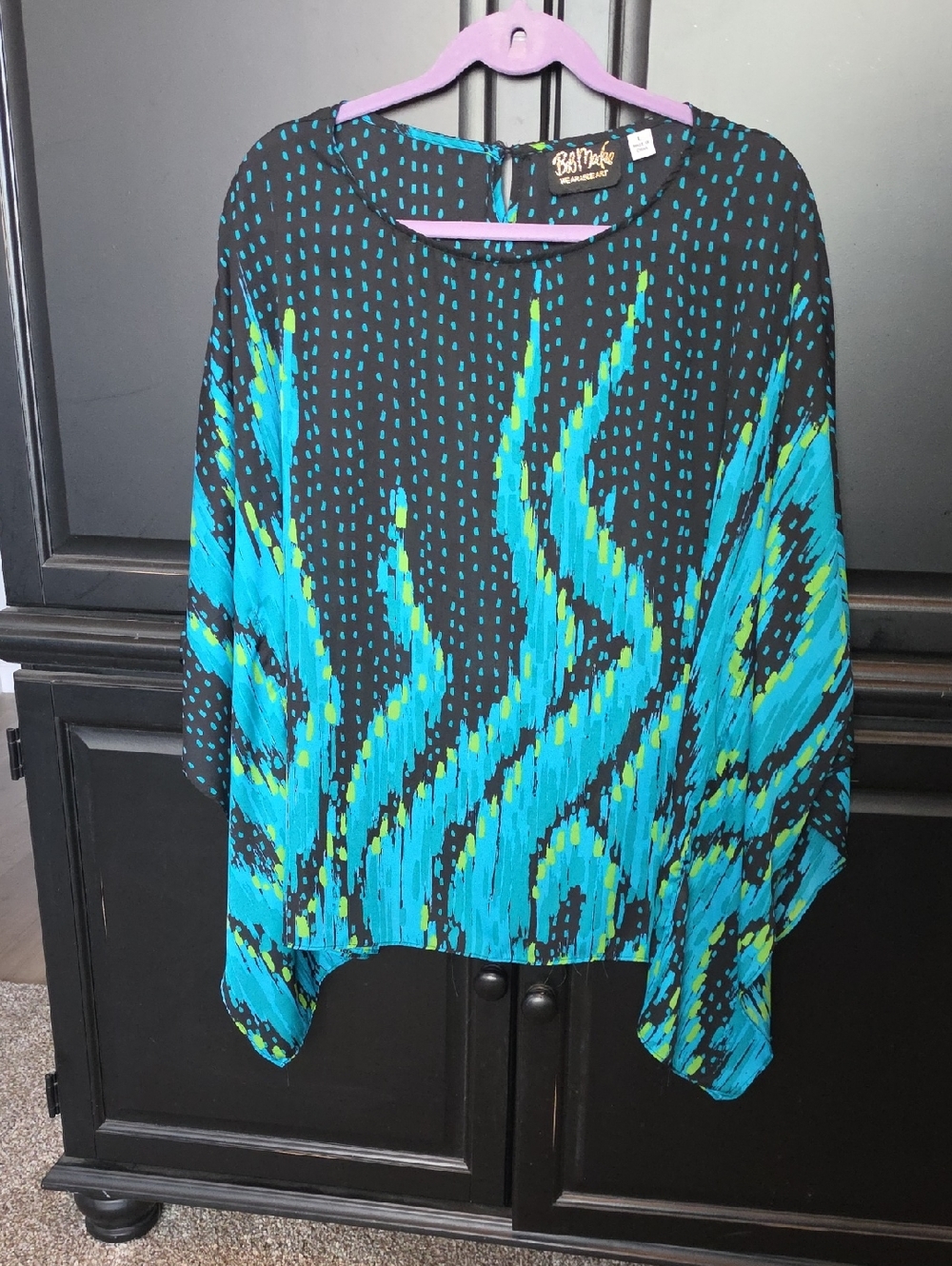 Bob Mackie Black Top with Turquoise & Lime Abstract Waves